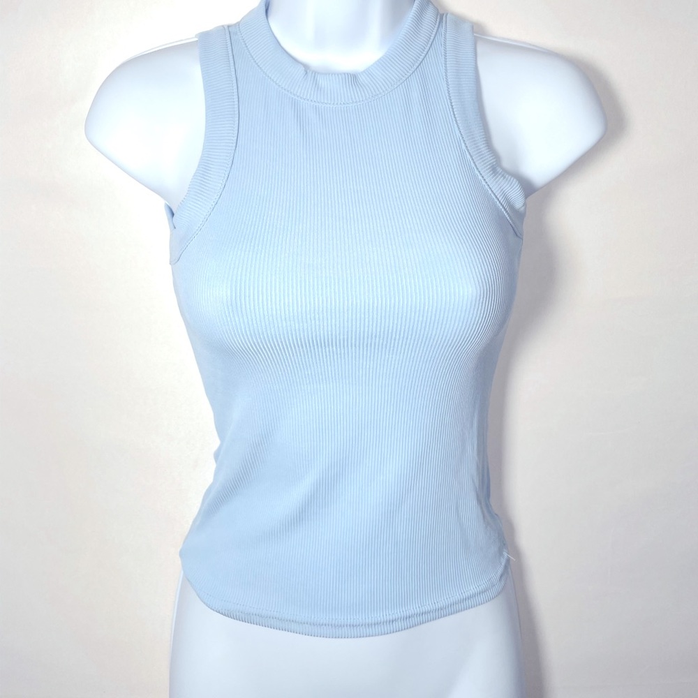 Boohoo High Neck Ribbed Racer Baby Blue Tank Size US 4 Small UK 8